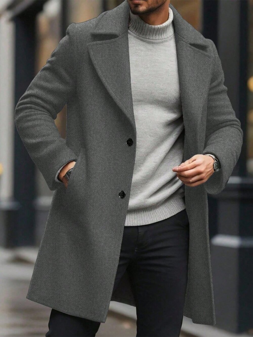 Dark Grey Regular Fit Men's Single Breasted Lapel Long Sleeve Overcoat